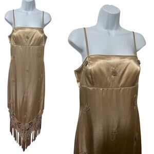VTG Cache Satin Macrame‎ Fringe Beaded Midi Dress Size 8 Formal Event Y2K Fairy